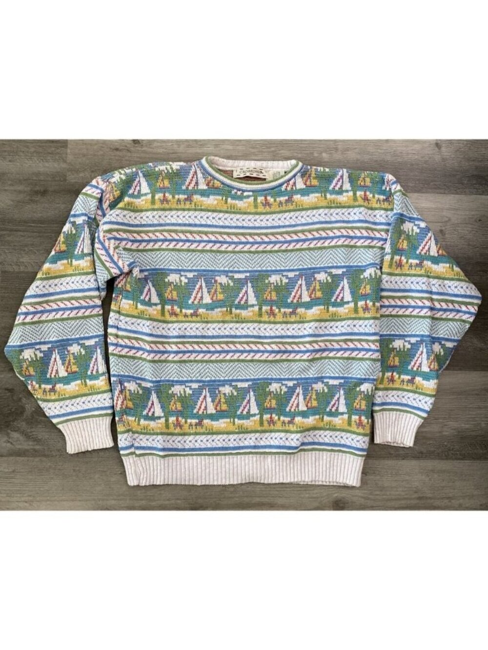 VTG Crossings 100% Cotton Knit Sweater Nautical Sailboat 3D USA Made 90s Medium